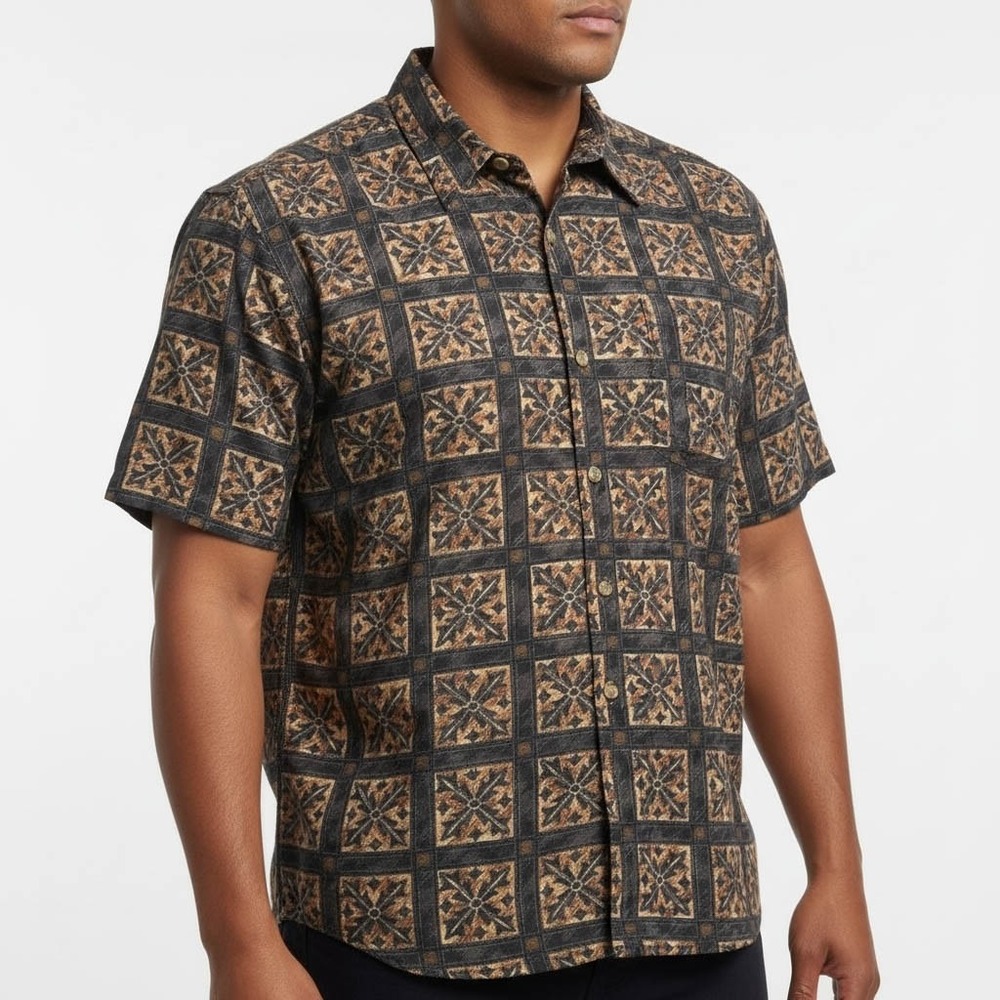 Cooke‎ Street Honolulu Mens XL Hawaiian Shirt Geometric Tile Floral Print Brown